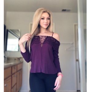 ❌SOLD❌ Purple, Criss-Cross Off-The-Shoulder Shirt